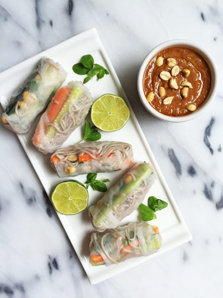 Easy Vegan & Gluten-free Soba Noodle Spring Rolls with Creamy Peanut Sauce