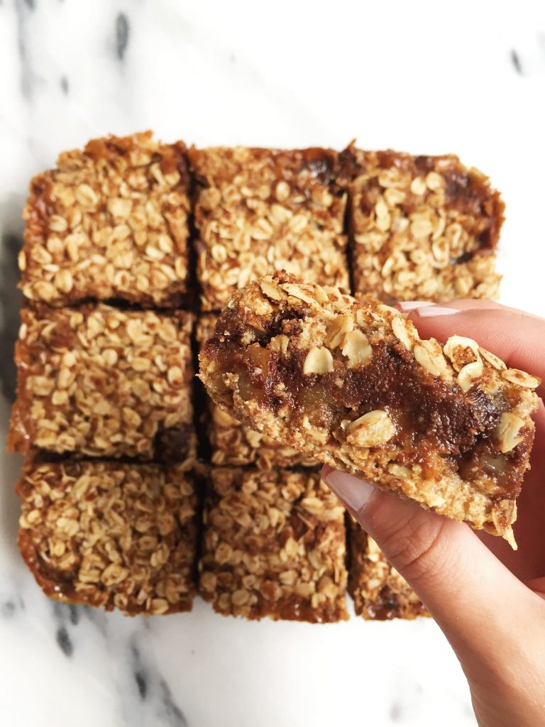 Flourless Oatmeal Cookie Carmelita Bars made vegan & refined sugar-free