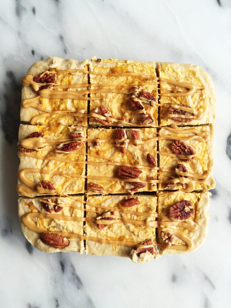 No-Bake Pumpkin Swirl Cheesecake Bars that are vegan and gluten-free