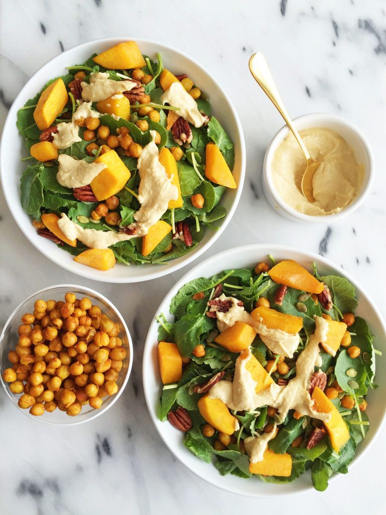 Roasted Chickpea & Butternut Squash Kale Salad with Creamy Garlic Tahini Dressing
