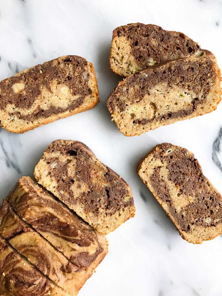 Dark Chocolate Marble Spelt Flour Banana Bread made with collagen peptides!