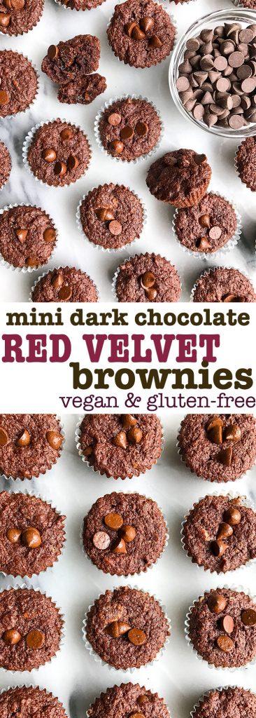 Mini Dark Chocolate Stuffed Red Velvet Brownies made vegan and gluten-free!