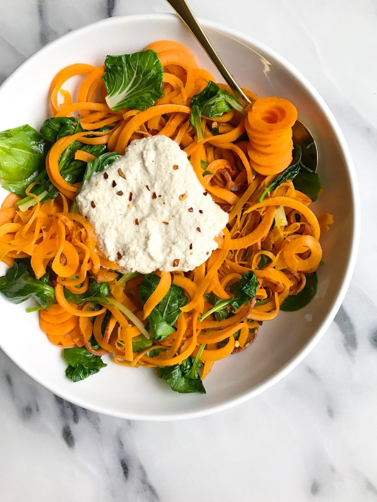 Whole30 Garlic Cream Sauce with Sweet Potato Noodles