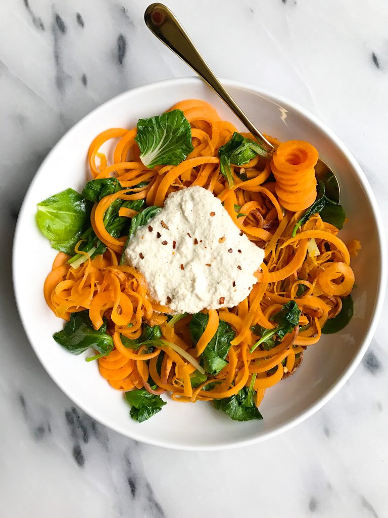 Whole30 Garlic Cream Sauce with Sweet Potato Noodles