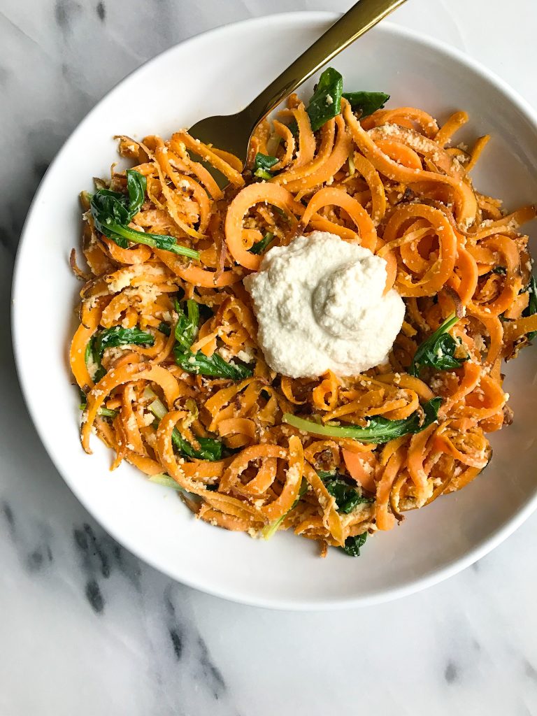 Whole30 Garlic Cream Sauce with Sweet Potato Noodles