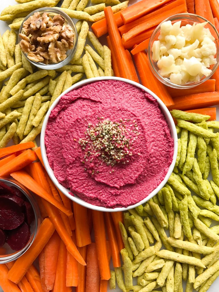 Chickpea-less Beet Hummus made with no beans, no oil for an easy and yummy plant-based dip!