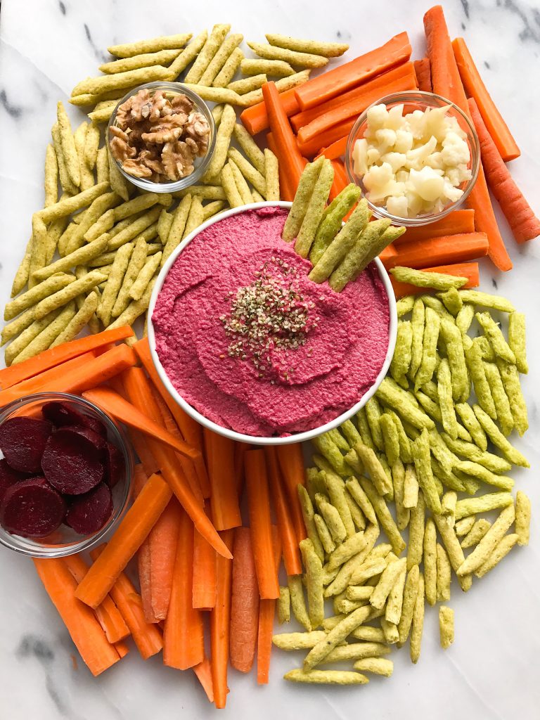 Chickpea-less Beet Hummus made with no beans, no oil for an easy and yummy plant-based dip!