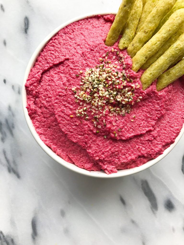 Chickpea-less Beet Hummus made with no beans, no oil for an easy and yummy plant-based dip!