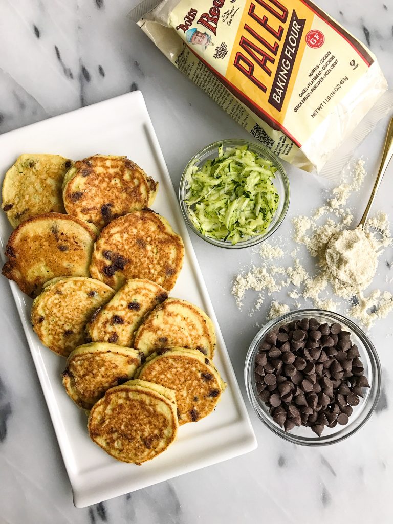 Paleo Chocolate Chip Zucchini Bread Pancakes made with healthy and simple ingredients