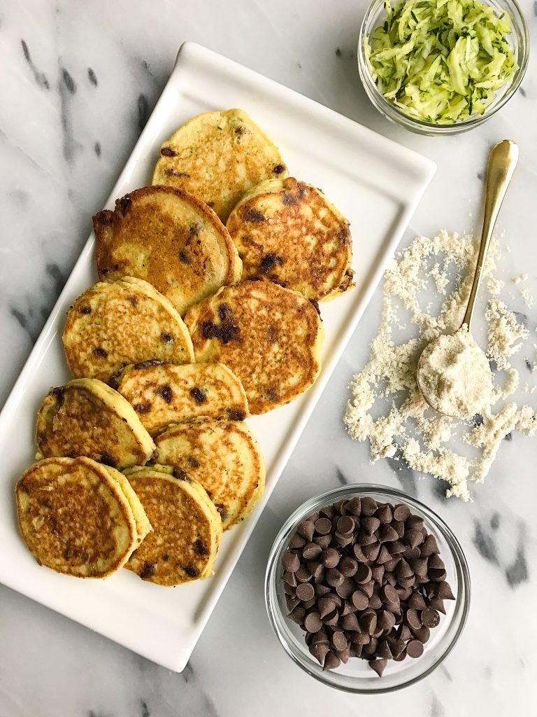 Paleo Chocolate Chip Zucchini Bread Pancakes made with healthy and simple ingredients