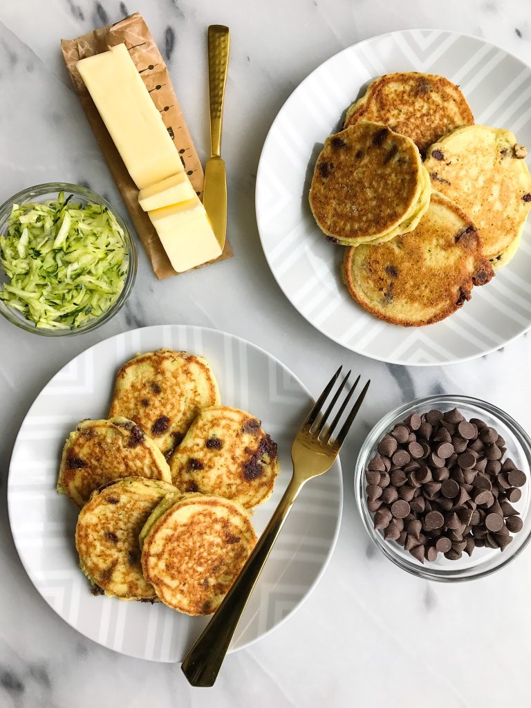 Paleo Chocolate Chip Zucchini Bread Pancakes made with healthy and simple ingredients