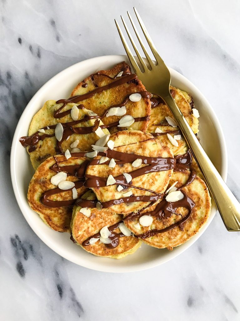 Paleo Chocolate Chip Zucchini Bread Pancakes made with healthy and simple ingredients