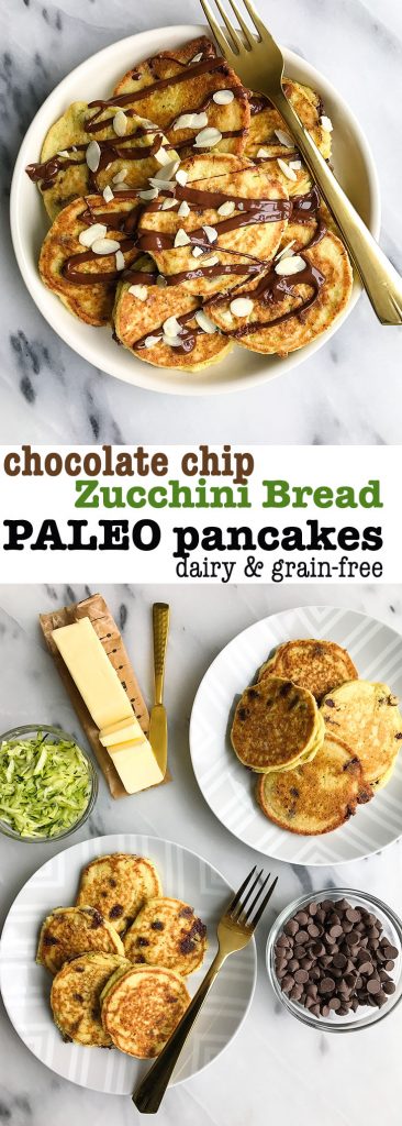 Paleo Chocolate Chip Zucchini Bread Pancakes made with healthy and simple ingredients