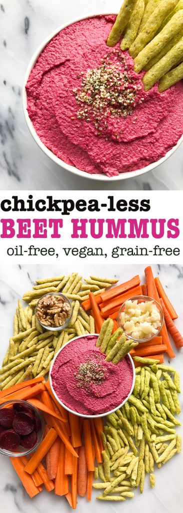 Chickpea-less Beet Hummus made with no beans, no oil for an easy and yummy plant-based dip!