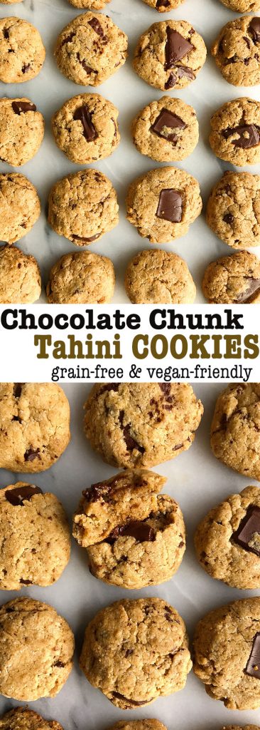 Chocolate Chunk Tahini Cookies that are grain-free and vegan-friendly!