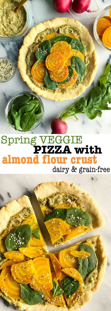 Spring Veggie Pizza with Almond Flour Crust made with 4 ingredients!