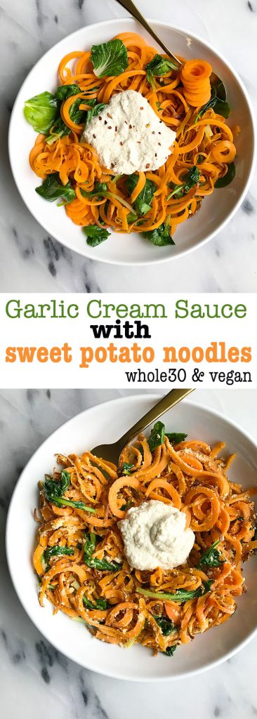 Whole30 Garlic Cream Sauce with Sweet Potato Noodles