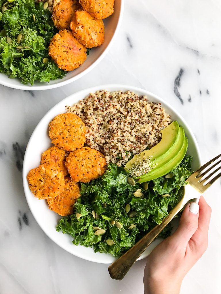 Sweet Potato Chickpea Cake Buddha Bowls for a delicious gluten-free meal!