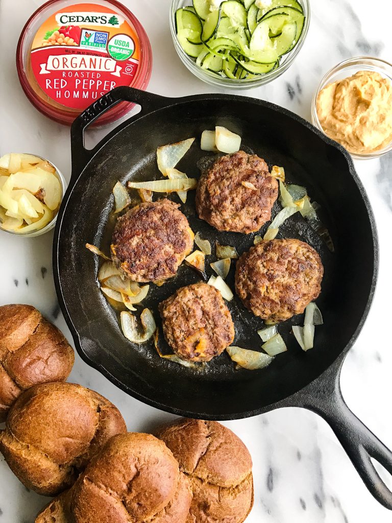 Easy Hummus Stuffed Burgers with Greek Cucumber Slaw for a healthy, easy burger recipe!