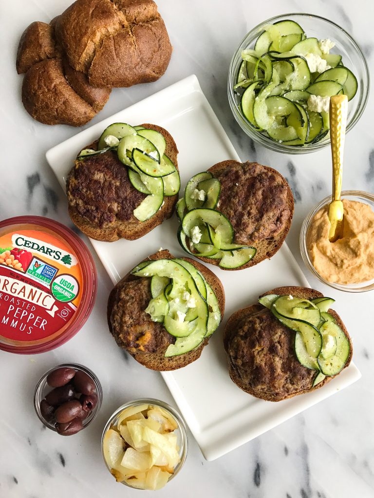 Easy Hummus Stuffed Burgers with Greek Cucumber Slaw for a healthy, easy burger recipe!