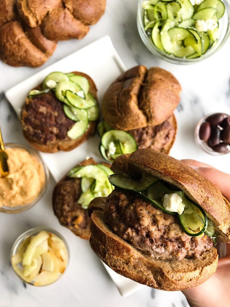 Easy Hummus Stuffed Burgers with Greek Cucumber Slaw for a healthy, easy burger recipe!