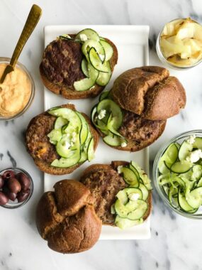 Easy Hummus Stuffed Burgers with Greek Cucumber Slaw for a healthy, easy burger recipe!