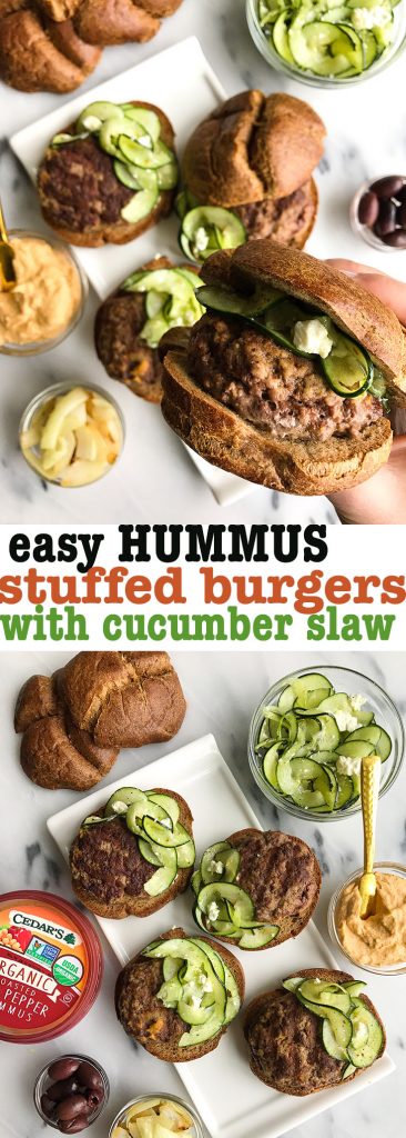 Easy Hummus Stuffed Burgers with Greek Cucumber Slaw for a healthy, easy burger recipe!