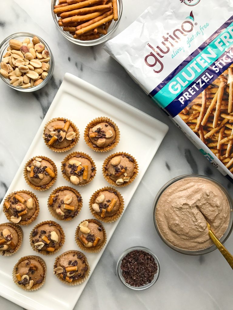 Chocolate Peanut Butter Pretzel Cheesecake Bites made with a gluten-free pretzel crust!