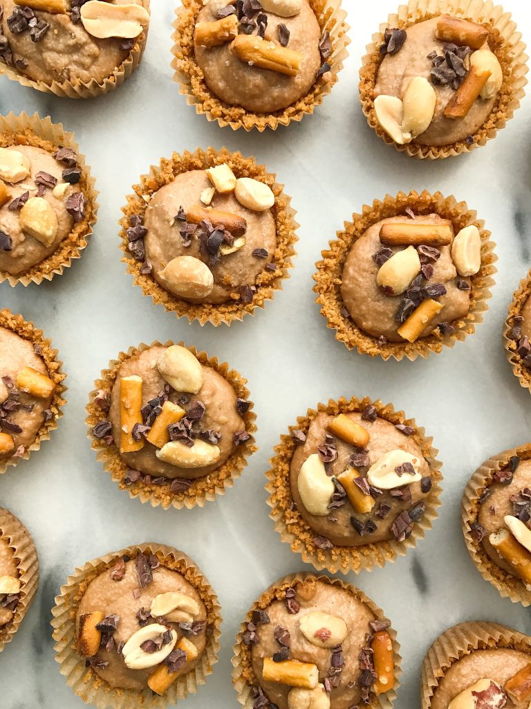 Chocolate Peanut Butter Pretzel Cheesecake Bites made with a gluten-free pretzel crust!