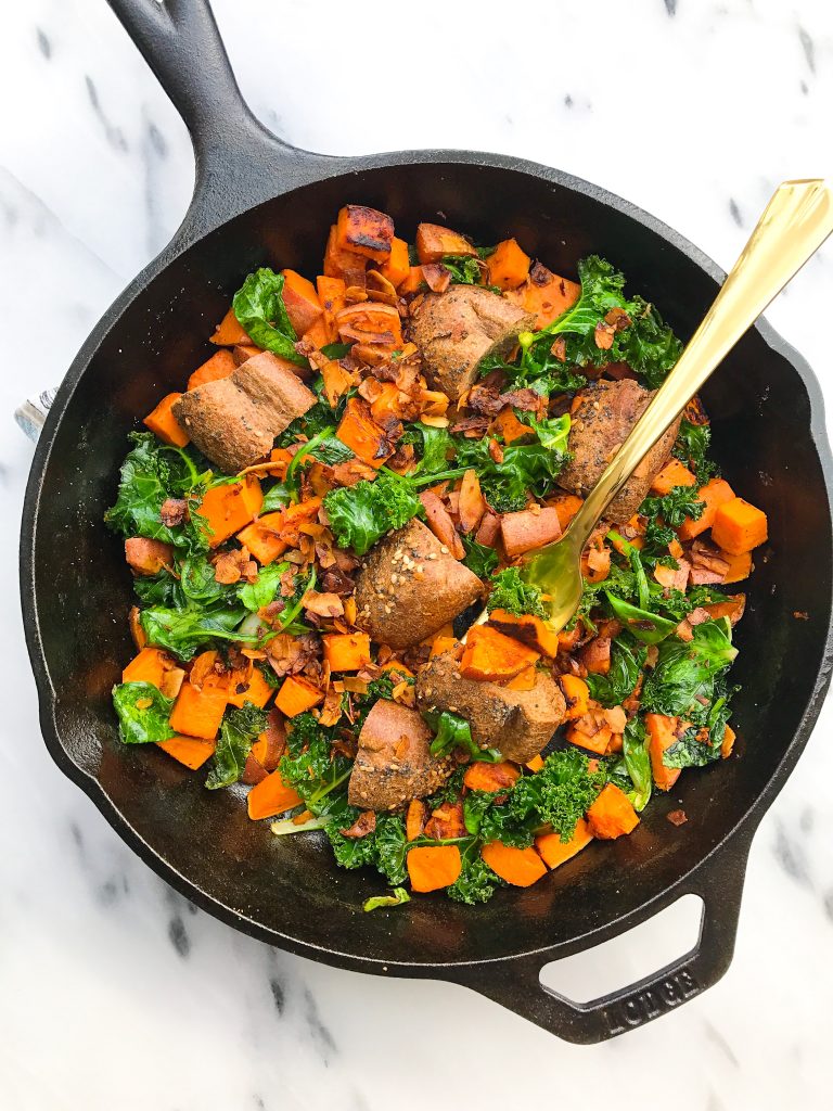 Your new favorite healthy brunch skillet, Veggie-Loaded Sweet Potato Hash with Coconut Bacon