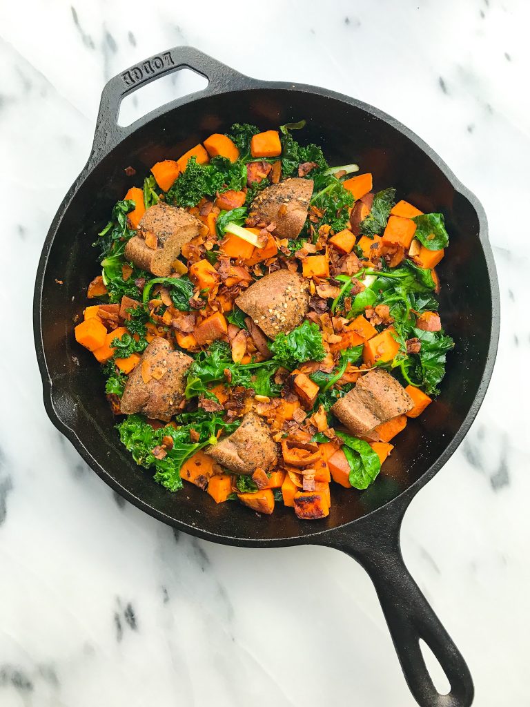 Your new favorite healthy brunch skillet, Veggie-Loaded Sweet Potato Hash with Coconut Bacon