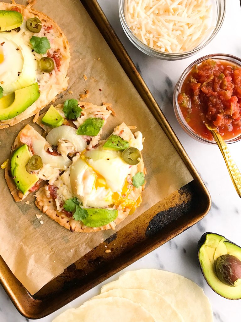 Veggie-loaded Tortilla Breakfast Pizzas made with minimal ingredients for a fun breakfast dish!