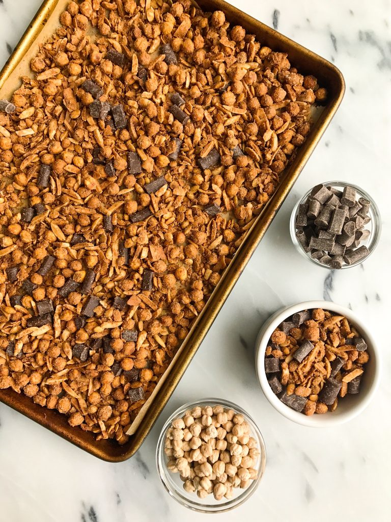 Deliciously easy Dark Chocolate Sea Salt Grain-free Chickpea Granola made with no added sugar!