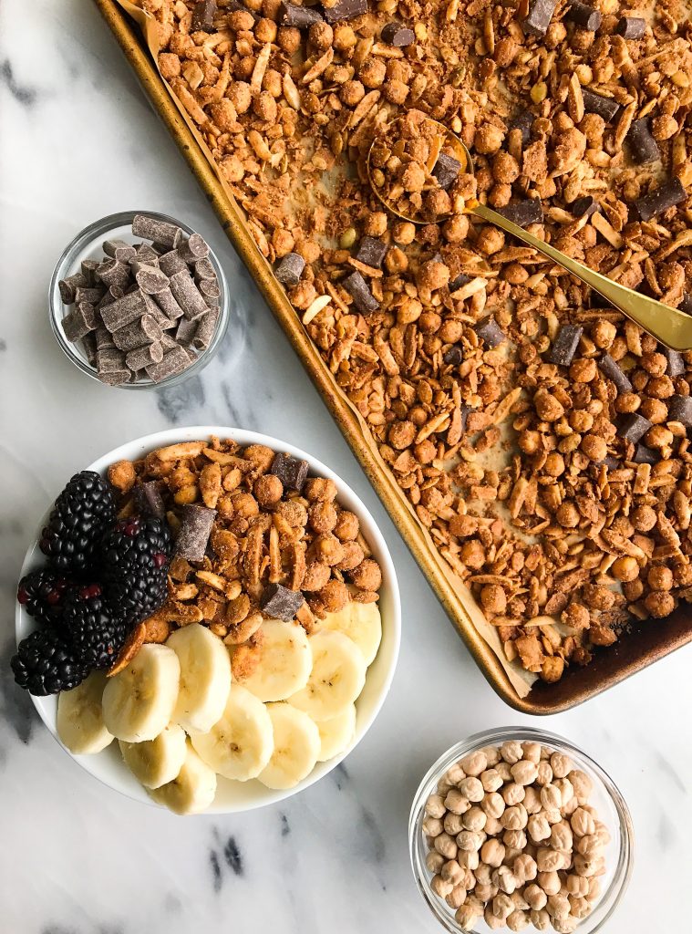 Deliciously easy Dark Chocolate Sea Salt Grain-free Chickpea Granola made with no added sugar!