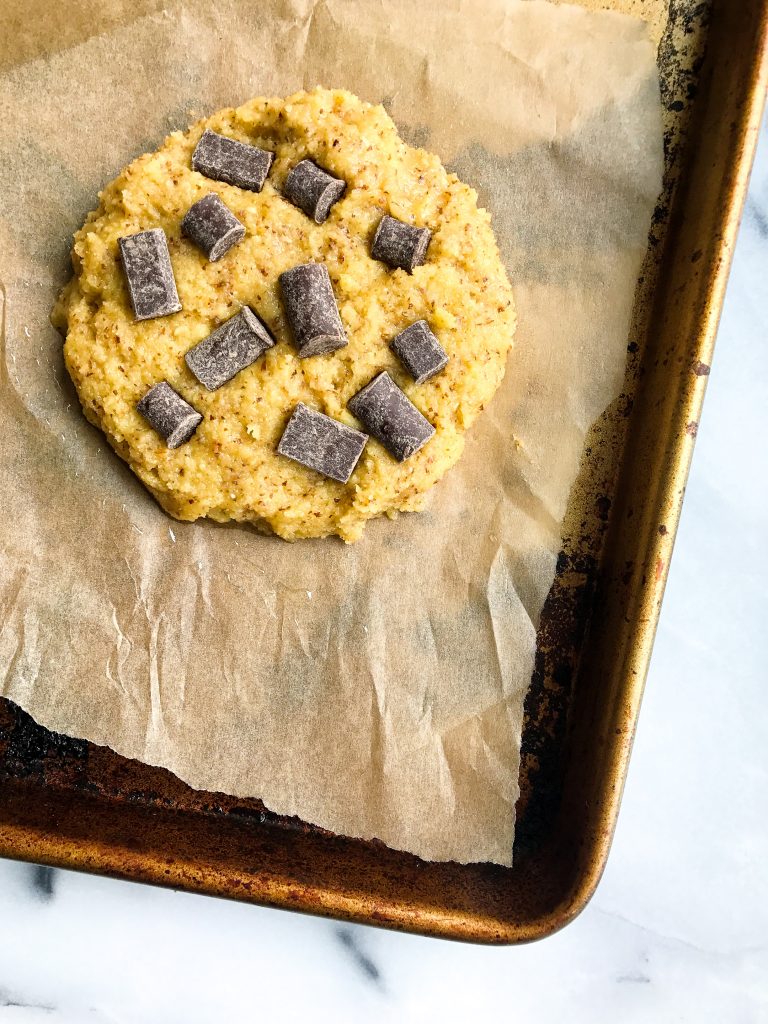 One Giant Paleo Chocolate Chip Protein Cookie that is paleo, grain and dairy-free!