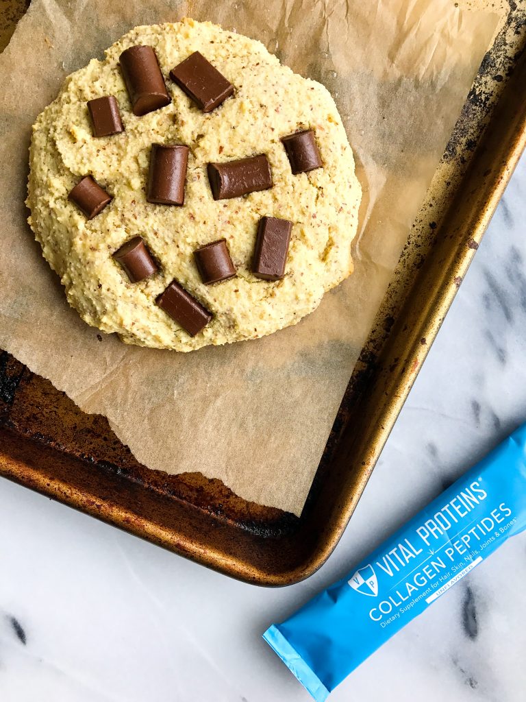 One Giant Paleo Chocolate Chip Protein Cookie that is paleo, grain and dairy-free!