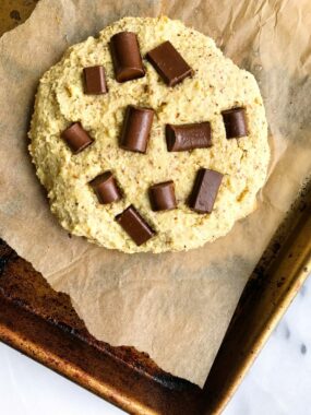 One Giant Paleo Chocolate Chip Protein Cookie that is paleo, grain and dairy-free!