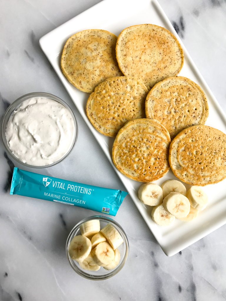 Easy Almond Flour Pancakes with Banana Whipped Cream for an easy, delicious, collagen-packed breakfast!