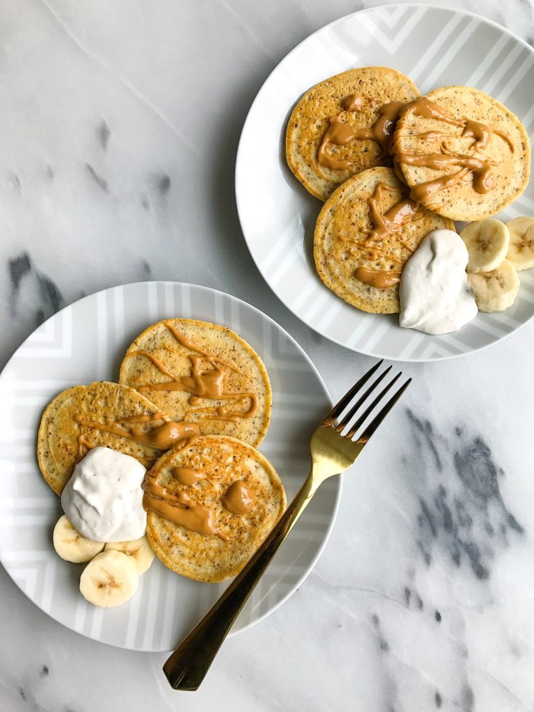 Easy Almond Flour Pancakes with Banana Whipped Cream for an easy, delicious, collagen-packed breakfast!