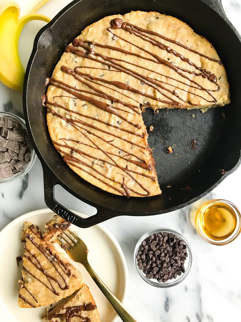 Chocolate Chunk Banana Bread Cookie Skillet made with almond flour for a grain & dairy-free dessert!