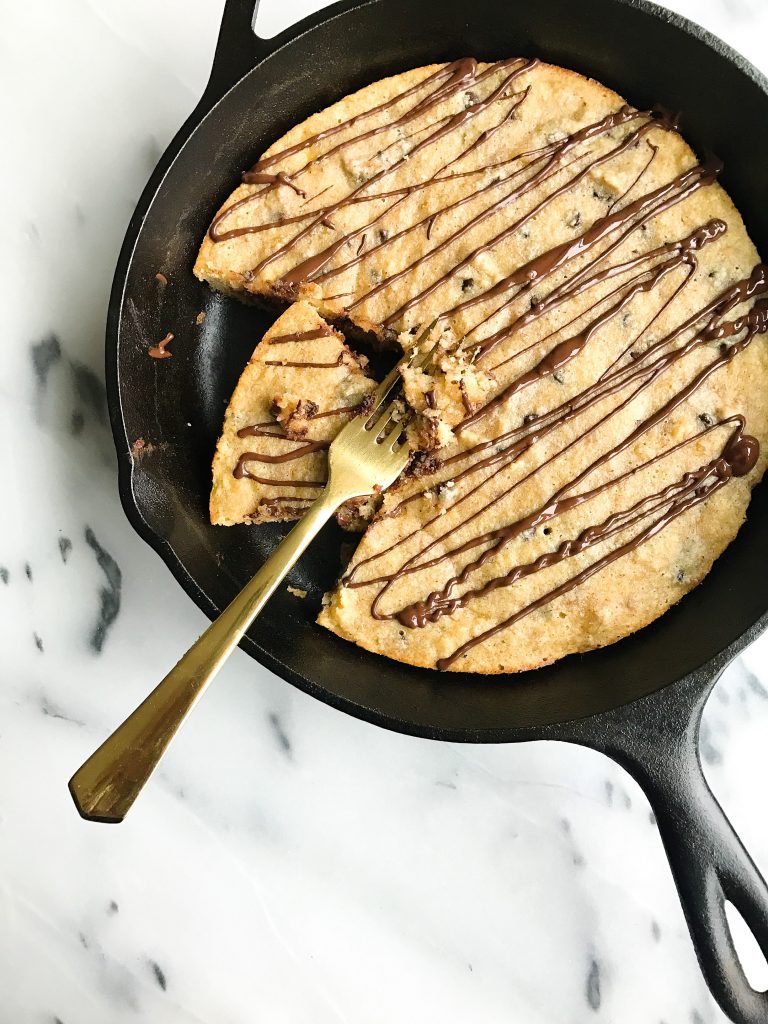 Chocolate Chunk Banana Bread Cookie Skillet made with almond flour for a grain & dairy-free dessert!