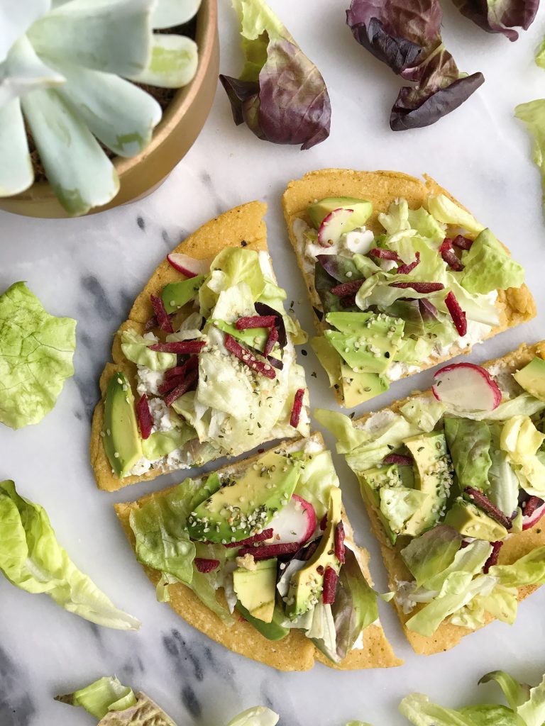 Socca Chickpea Flatbread Pesto Pizza with Crunchy Greens