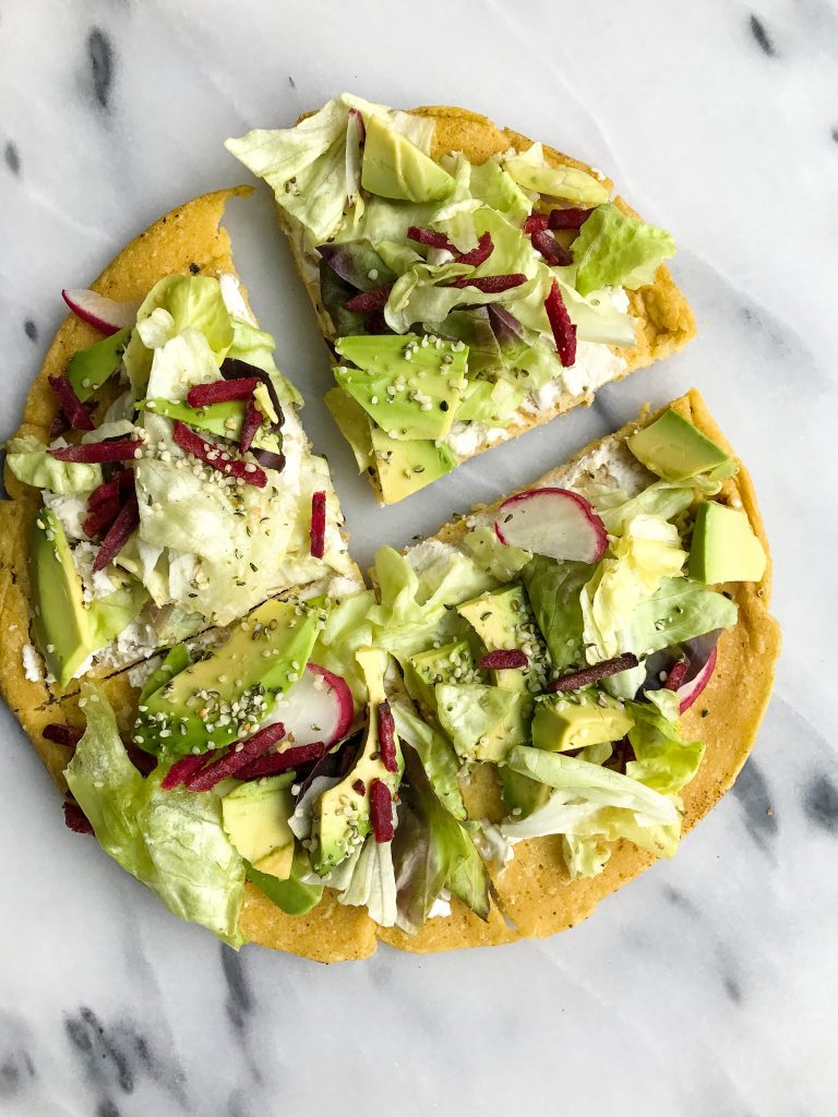 Socca Chickpea Flatbread Pesto Pizza with Crunchy Greens