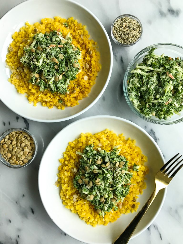 Turmeric Cauliflower Rice Bowl with Crunchy Green Slaw