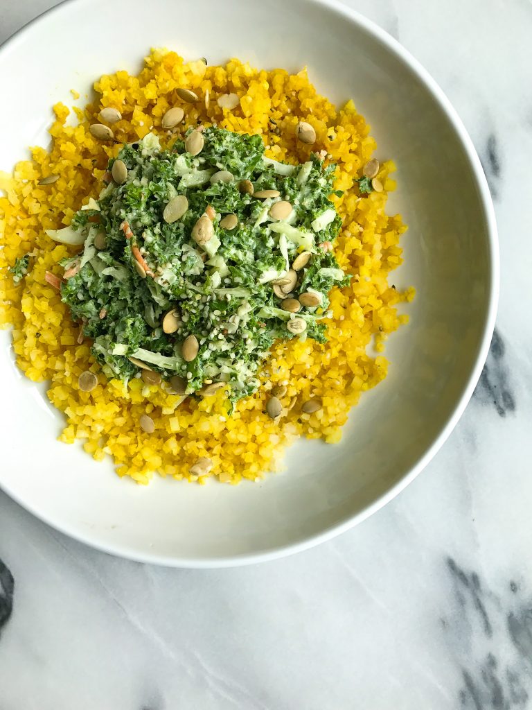 Turmeric Cauliflower Rice Bowl with Crunchy Green Slaw