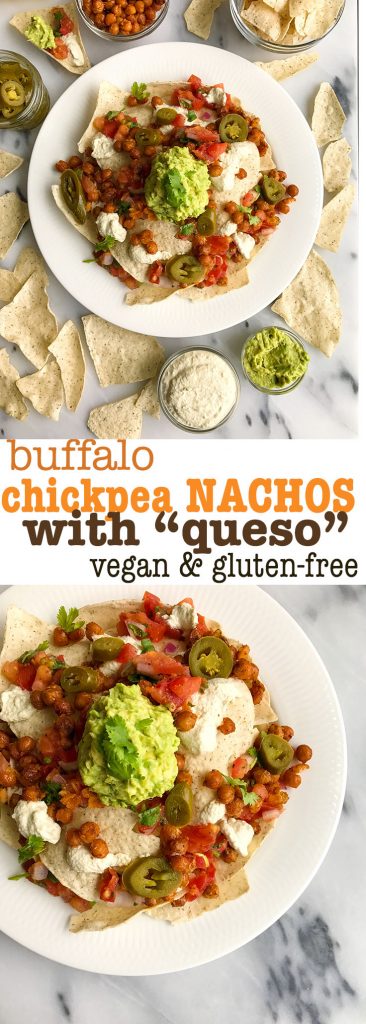 Vegan Buffalo Chickpea Nachos with Queso Sauce for a delicious plant-based nacho treat!