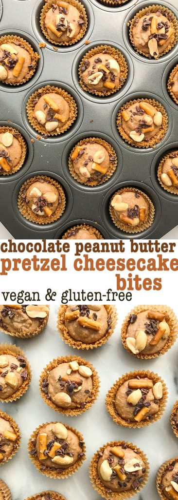 Chocolate Peanut Butter Pretzel Cheesecake Bites made with a gluten-free pretzel crust!