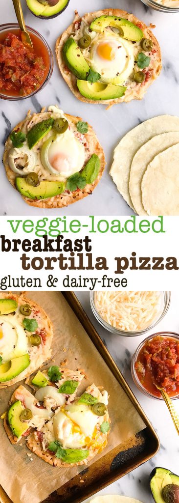 Veggie-loaded Tortilla Breakfast Pizzas made with minimal ingredients for a fun breakfast dish!