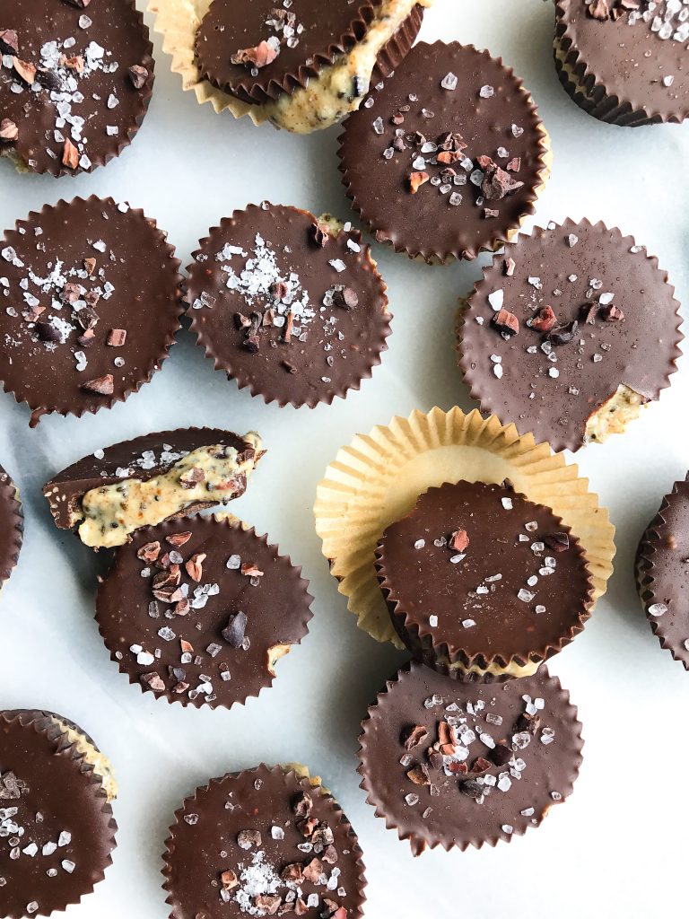 Frozen Dark Chocolate Tahini Cups with a Crunch