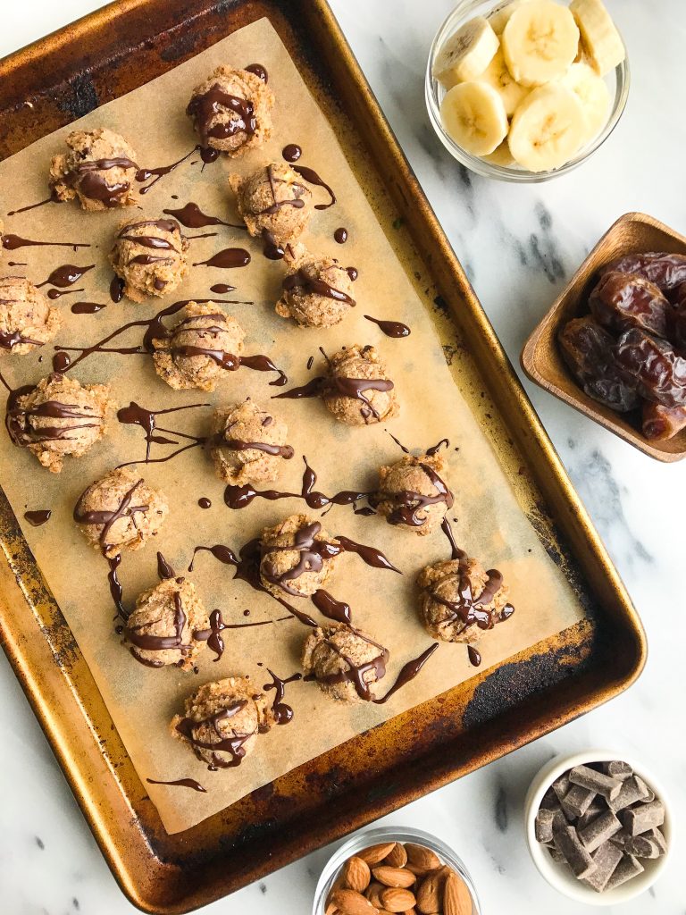 No-bake Cacao Chip Banana Bread Bites for an easy and delicious plan-based snack!